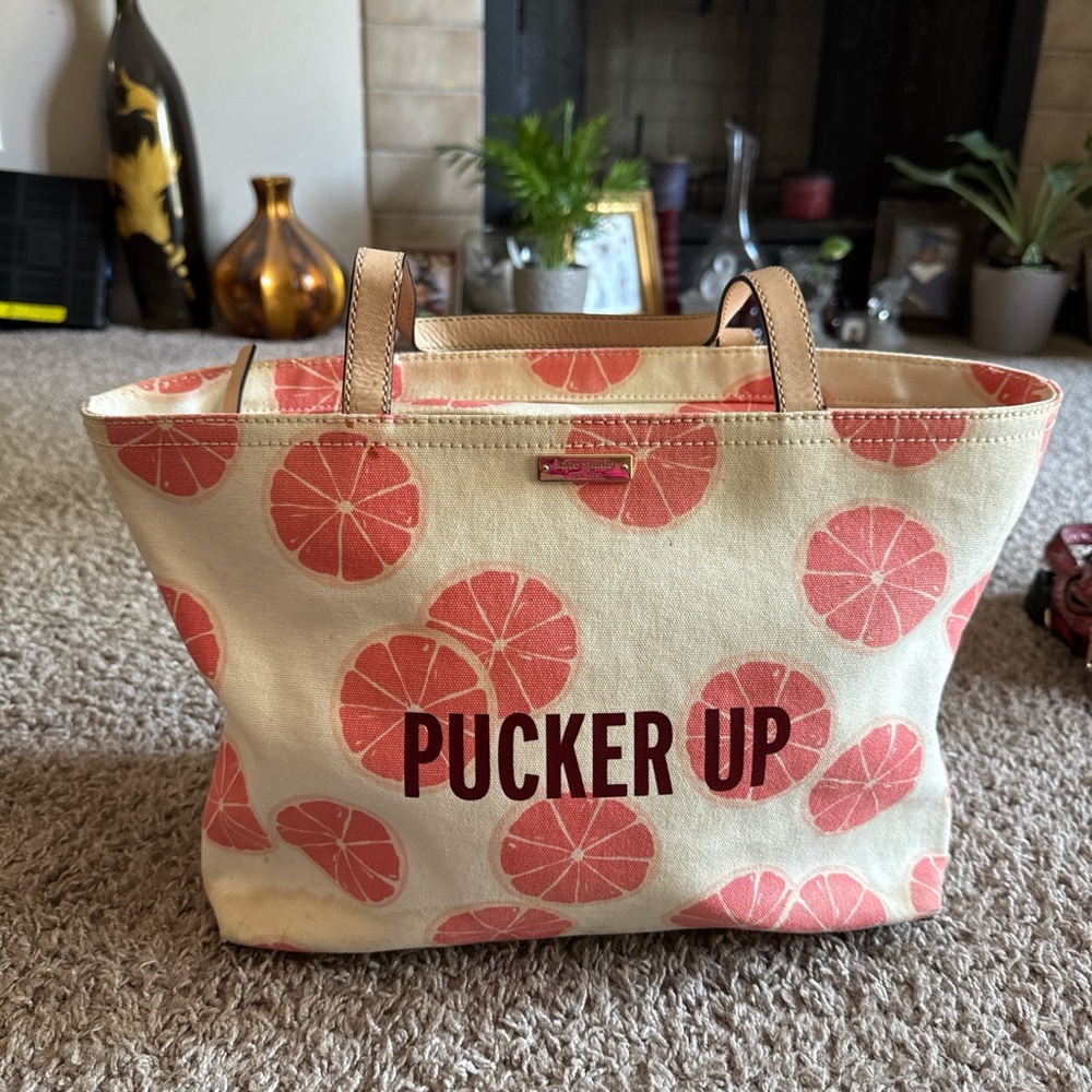 Kate Spade Pucker Up Canvas Tote Bag - Pink and Cream